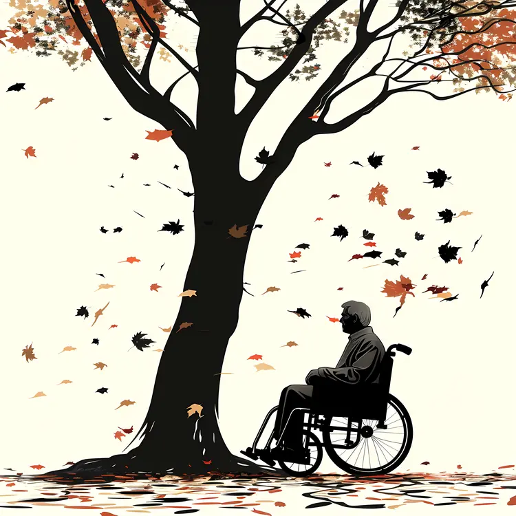 Silhouette of Person in Wheelchair under Tree with Falling Leaves