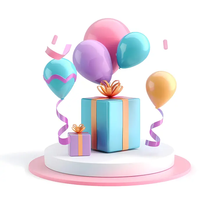 Colorful Balloons and Gift Boxes on a Pedestal