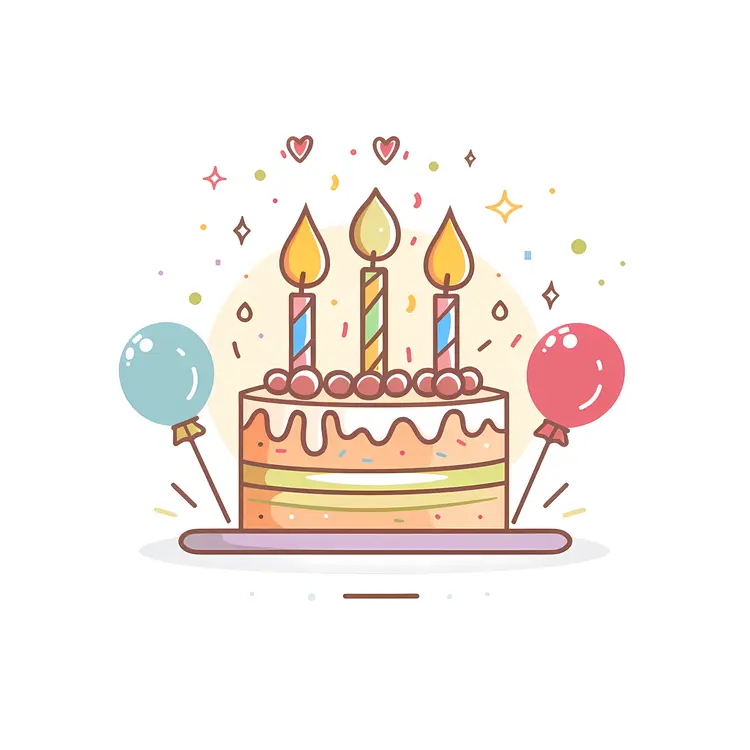 Illustrated Birthday Cake with Candles and Balloons