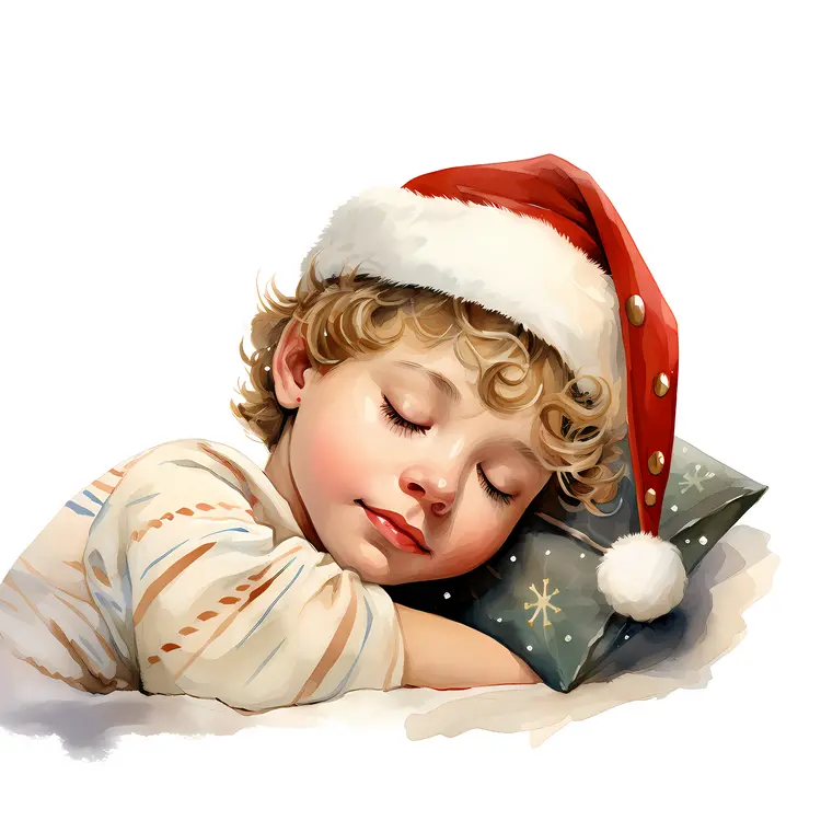 Sleeping Boy in Santa Hat on Christmas Eve