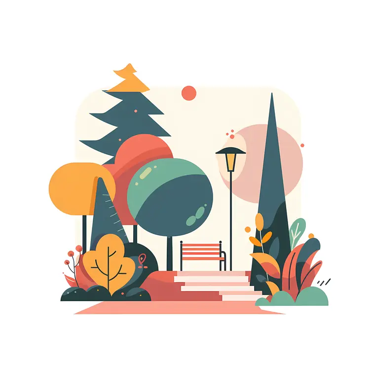 Colorful Park Illustration with Bench
