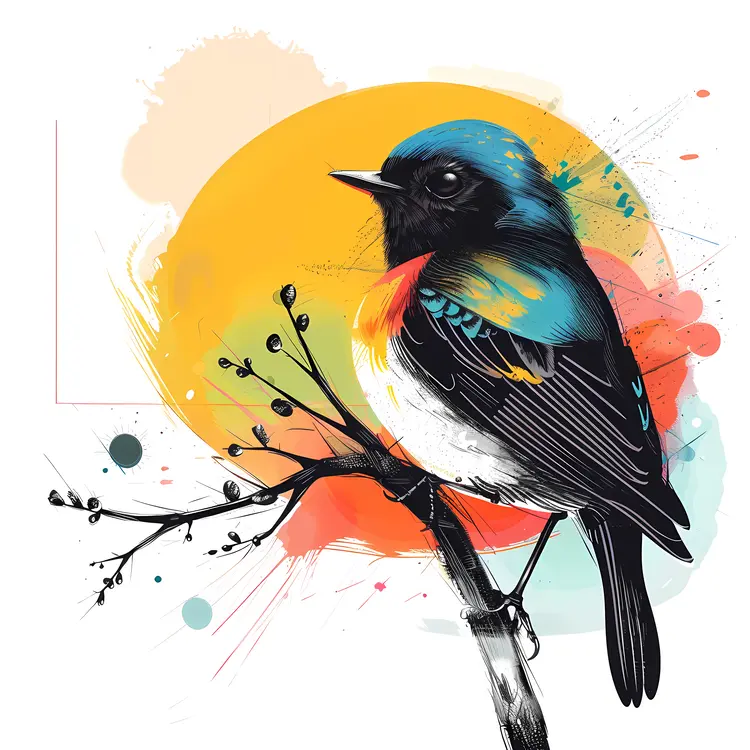 Colorful Bird on Branch with Sunset Background