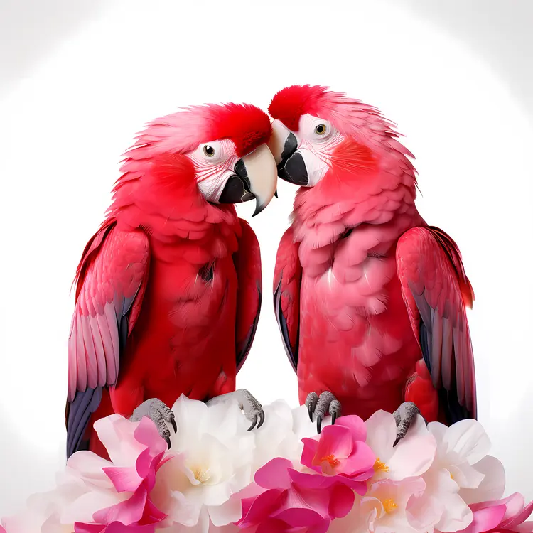 Red Parrots with Flowers