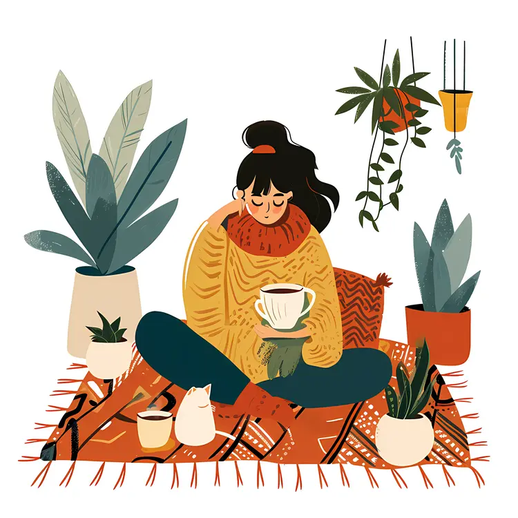 Woman Sitting with a Mug and Plants