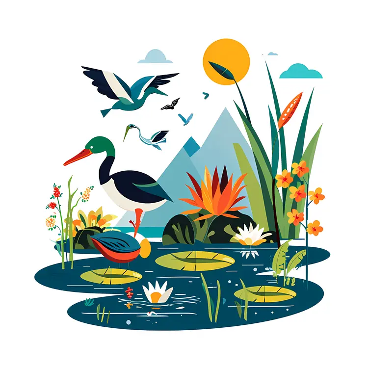 Colorful Lake with Birds and Flowers