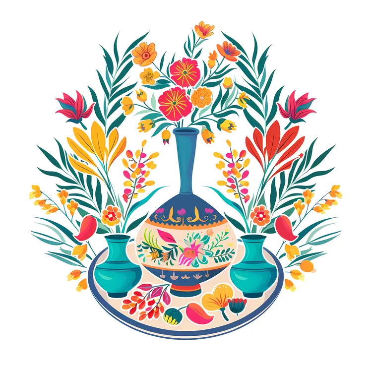 Colorful Floral Arrangement with Patterned Vases
