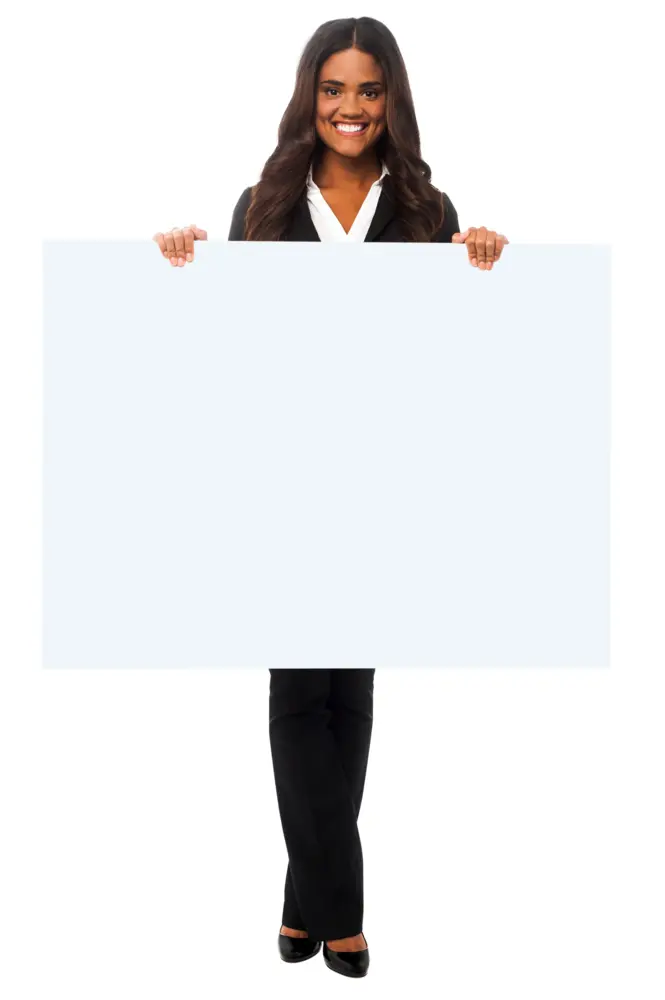 Smiling Woman in Black Suit Holding Blank Sign