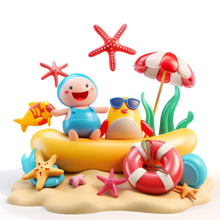 Cute Beach Scene with Starfish and Umbrella