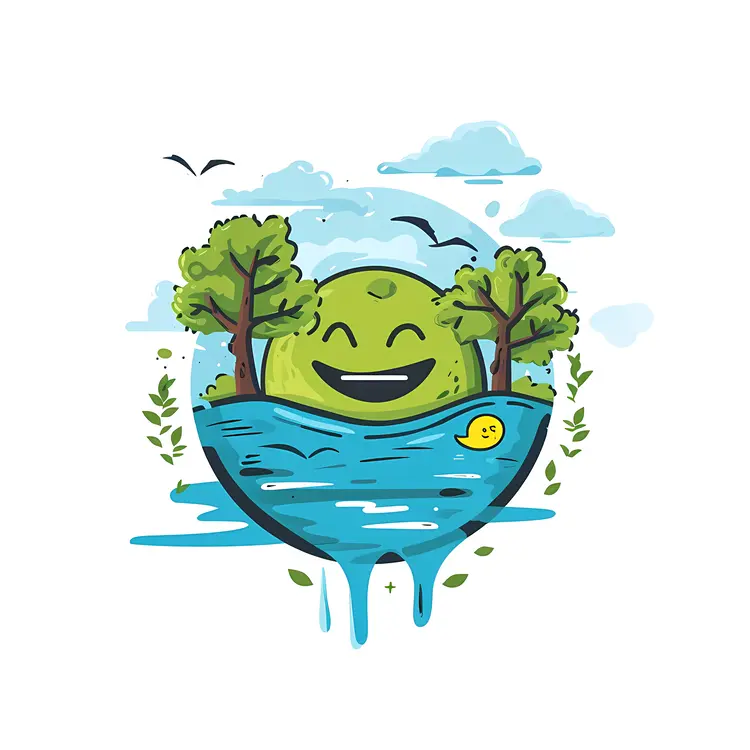 Happy Earth Cartoon with Trees and Water