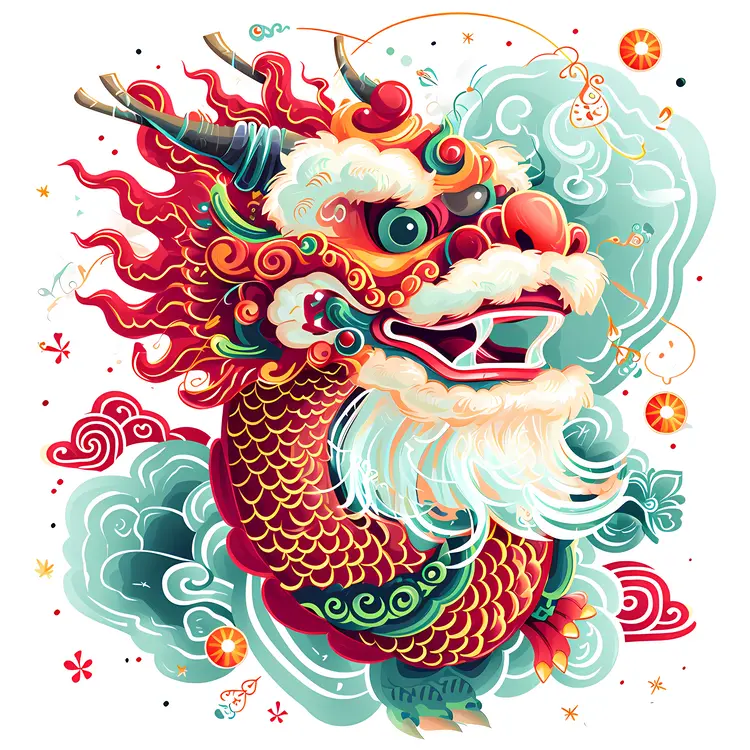 Colorful Chinese Dragon Head with Clouds