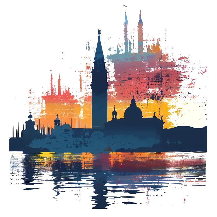 Silhouette of Buildings and Domes at Sunset in Venice