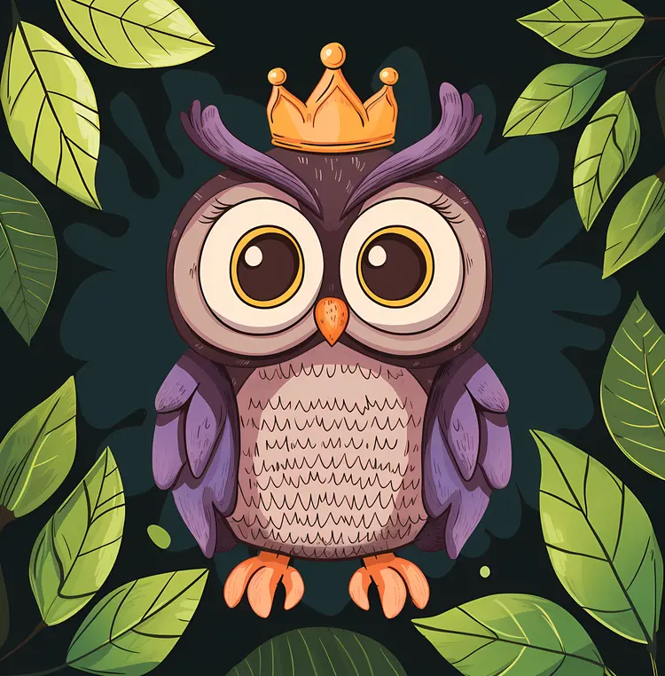 Cute Owl with Crown in Green Leaves