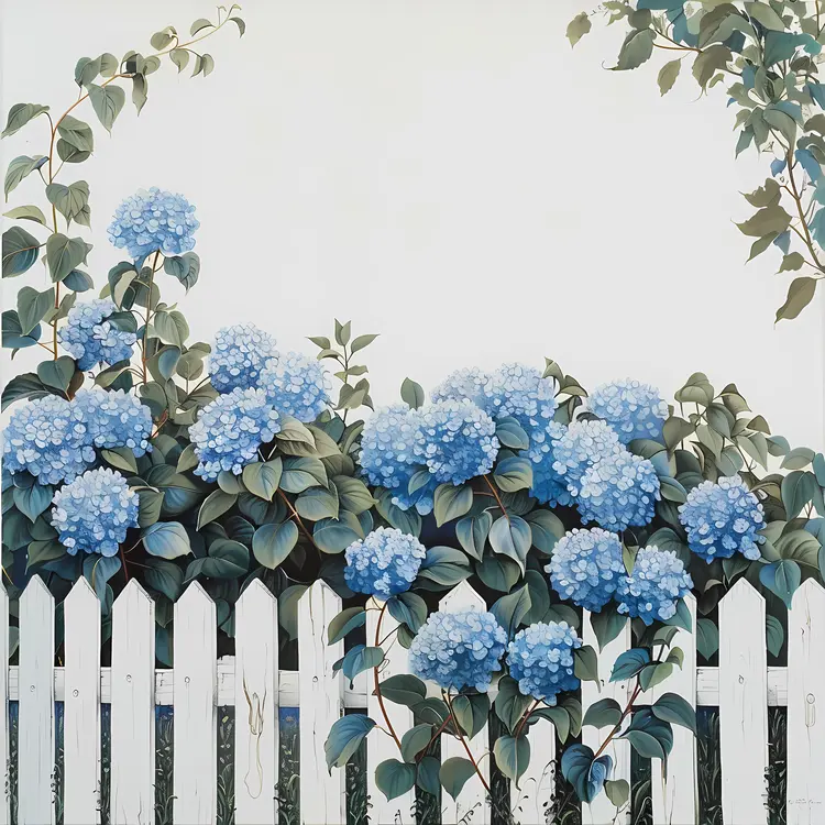 Blue Hydrangeas on White Fence