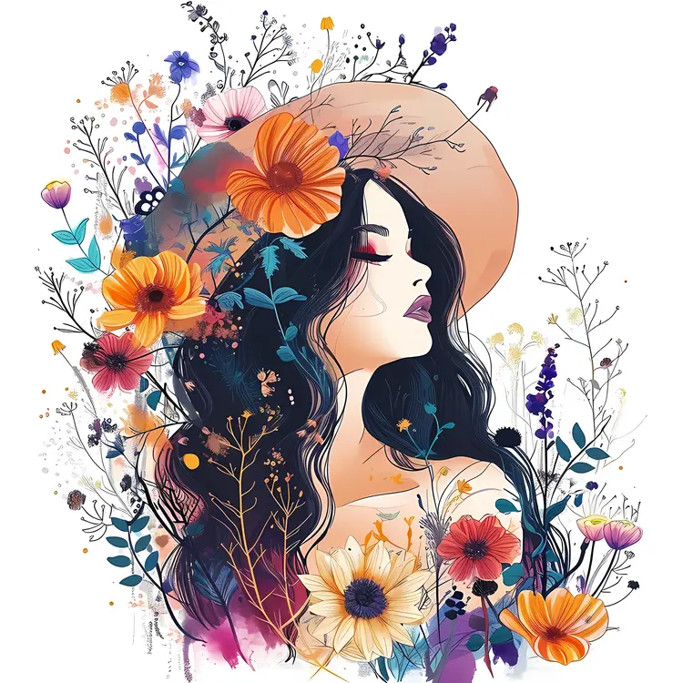 Woman with Floral Hat in Profile View