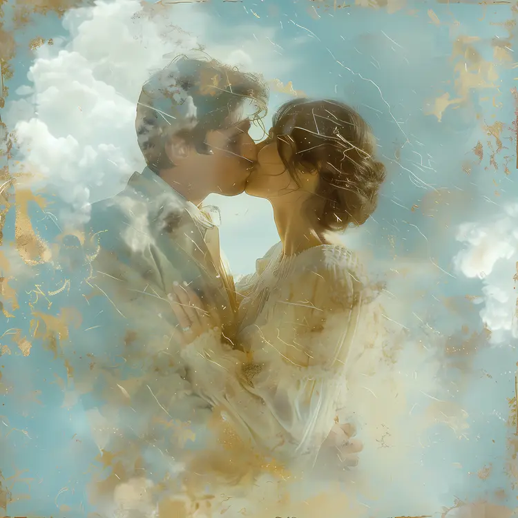 Dreamy Kissing Couple in Clouds