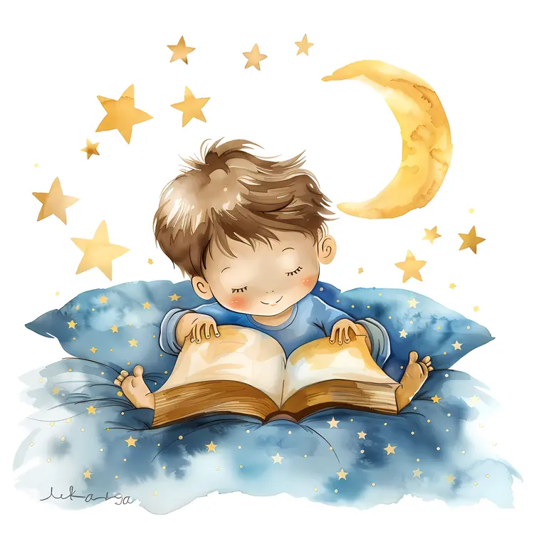 Boy Reading a Book on a Starry Night