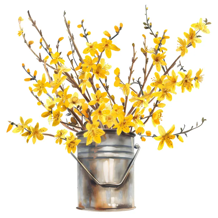 Yellow Flowers in a Metal Bucket