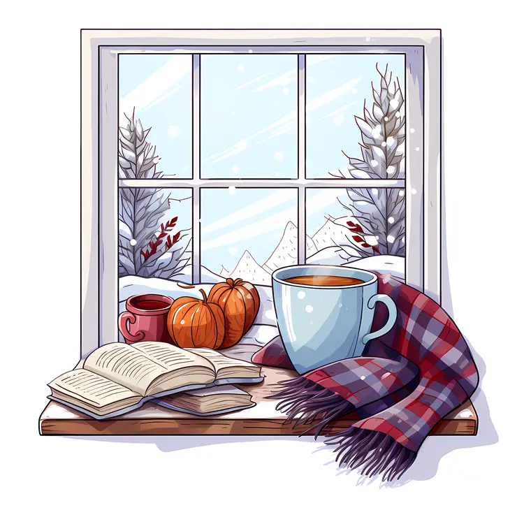 Blue Mug with Blanket and Book by Snowy Window