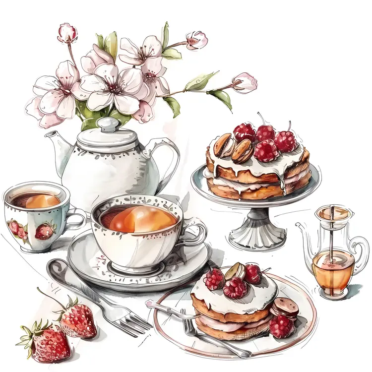 Tea Set with Cake and Flowers