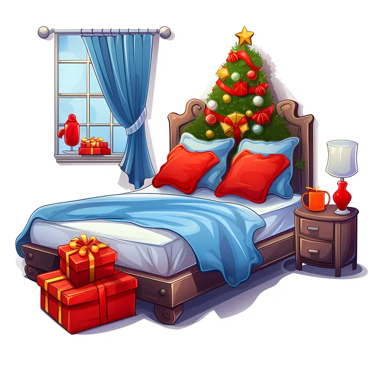 Bedroom with Christmas Tree and Presents