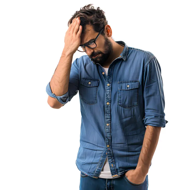 Stressed Man Holding Head in Denim Shirt