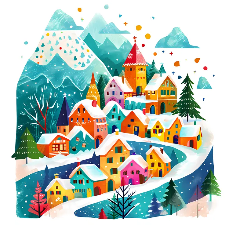 Colorful Houses in Snowy Mountain Village