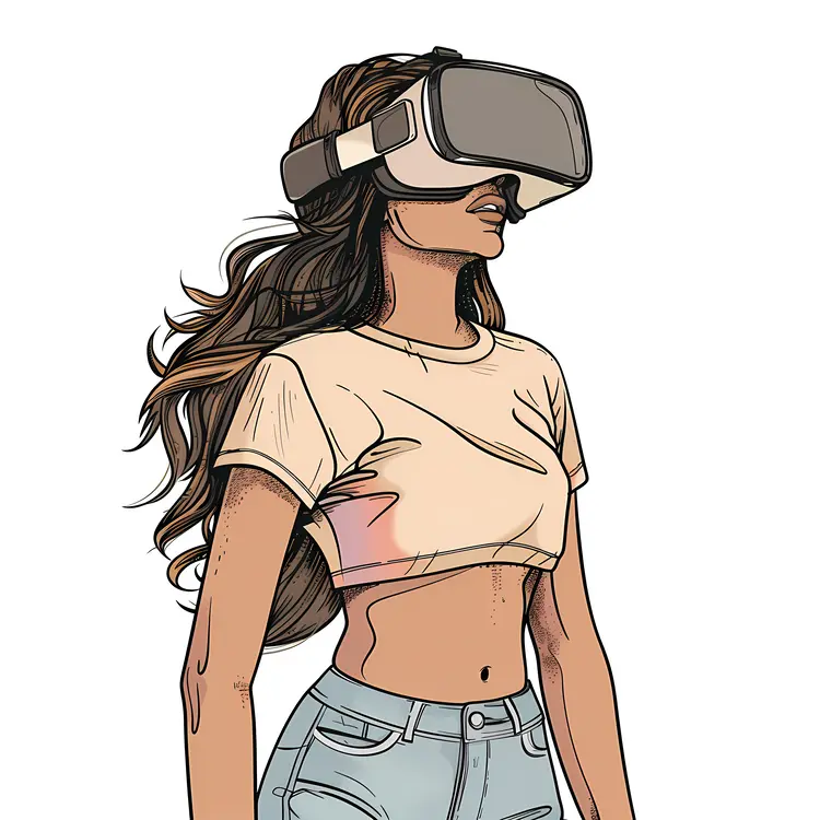 Woman with VR Headset in Casual Outfit