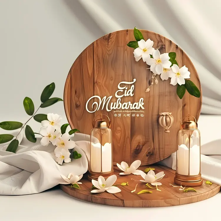Eid Mubarak Sign with Flowers and Candles