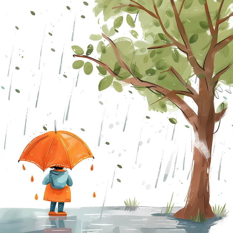 Child with Orange Umbrella in the Rain