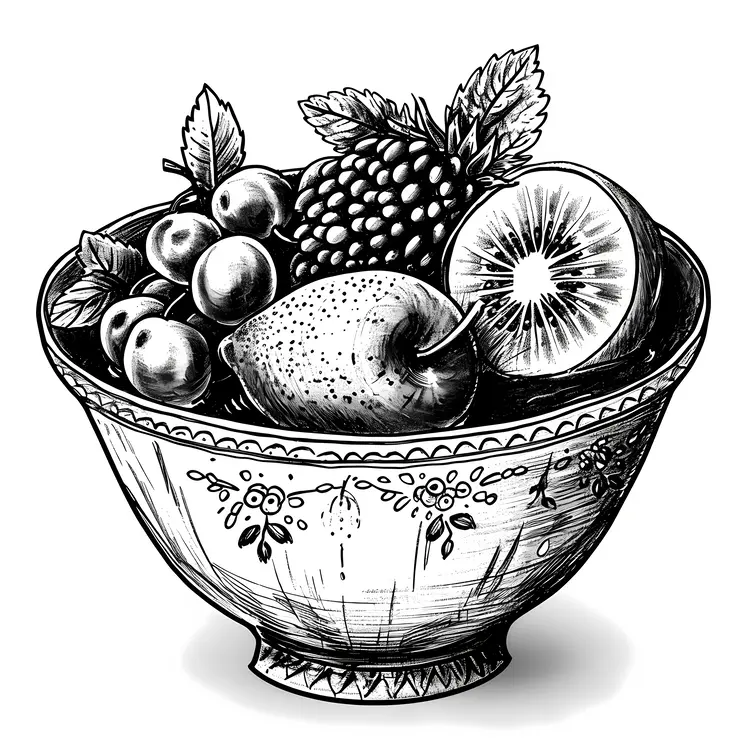 Black and White Fruit Bowl with Kiwi and Pear