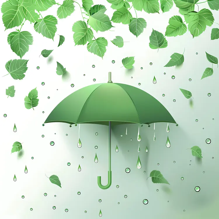 Green Umbrella with Leaves and Raindrops