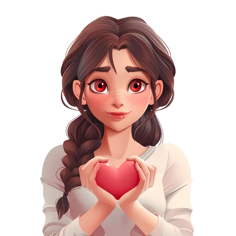 Cartoon Girl Holding Heart with Braided Hair