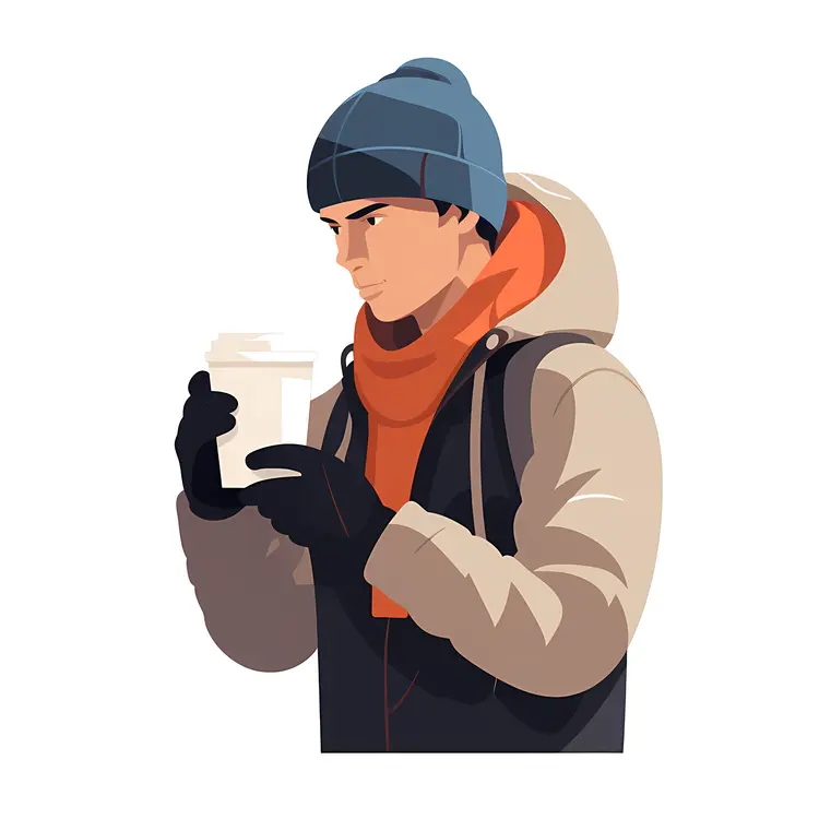 Young Man with Coffee Cup in Winter Outfit