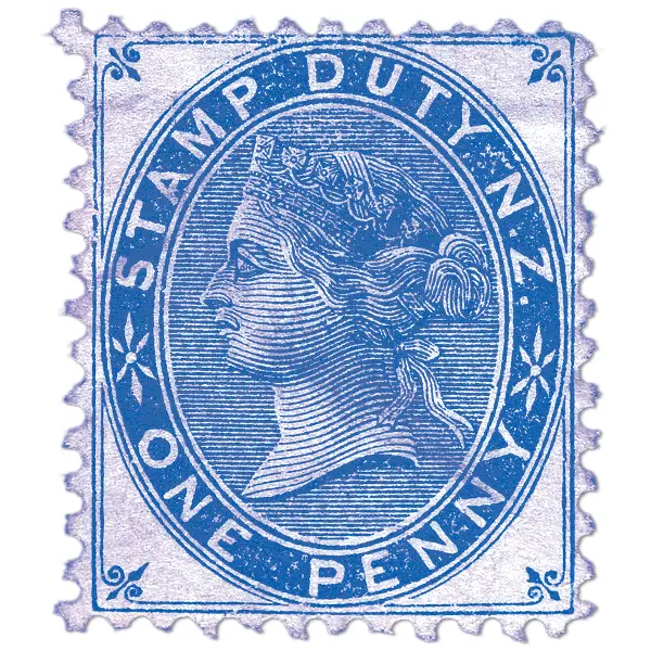 Blue One Penny Stamp with Queen's Profile