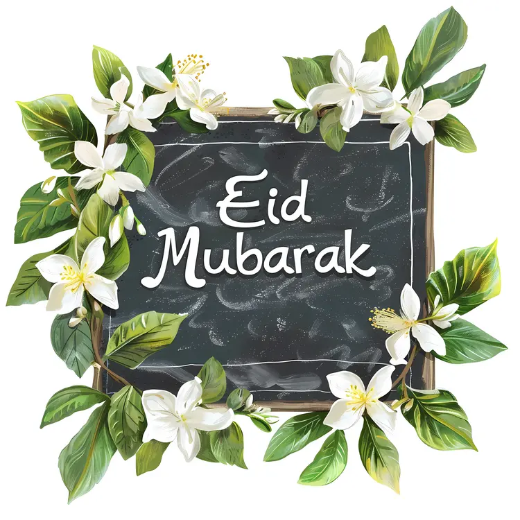 Eid Mubarak Chalkboard with White Flowers