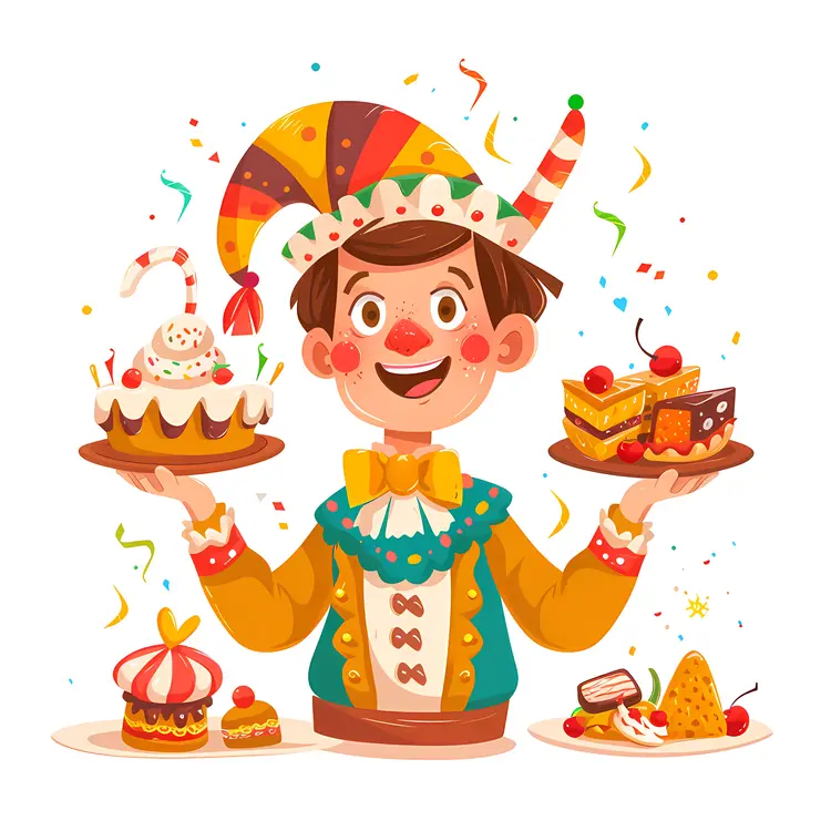 Clown Holding Assorted Desserts