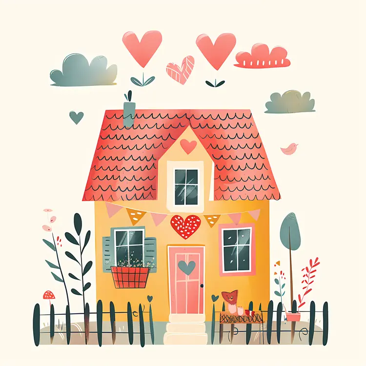 Small Cute Doodle House with Hearts and Garden