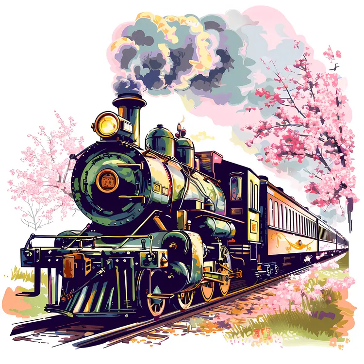 Vintage Steam Train with Cherry Blossoms in Spring