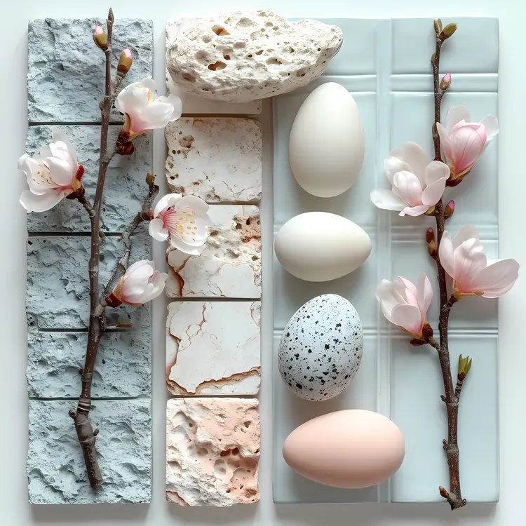Pastel Eggs and Blossoms on Textured Tiles