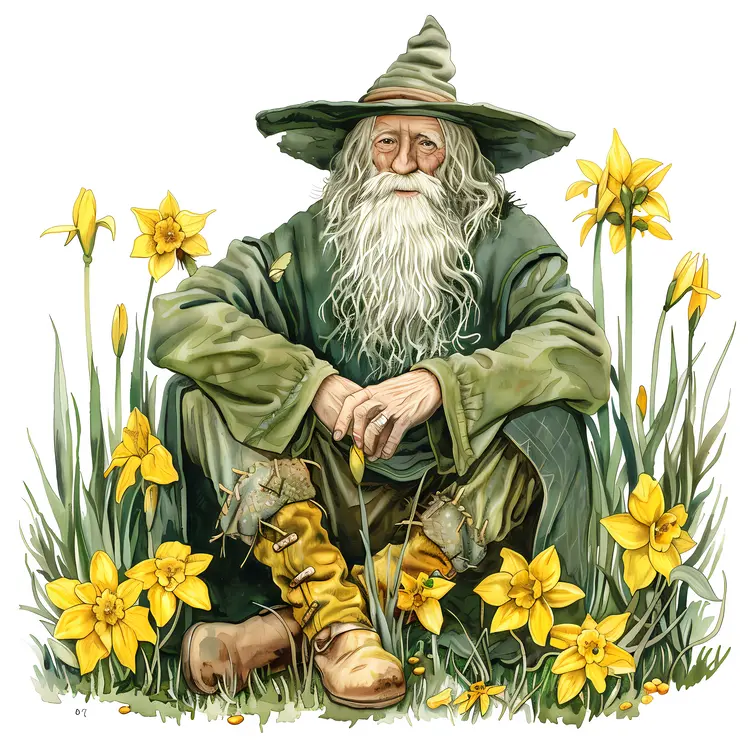 Old Man Sitting with Daffodils