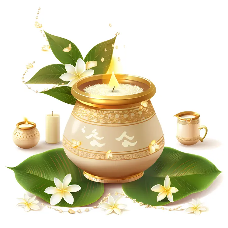 Traditional pot with candle and flowers