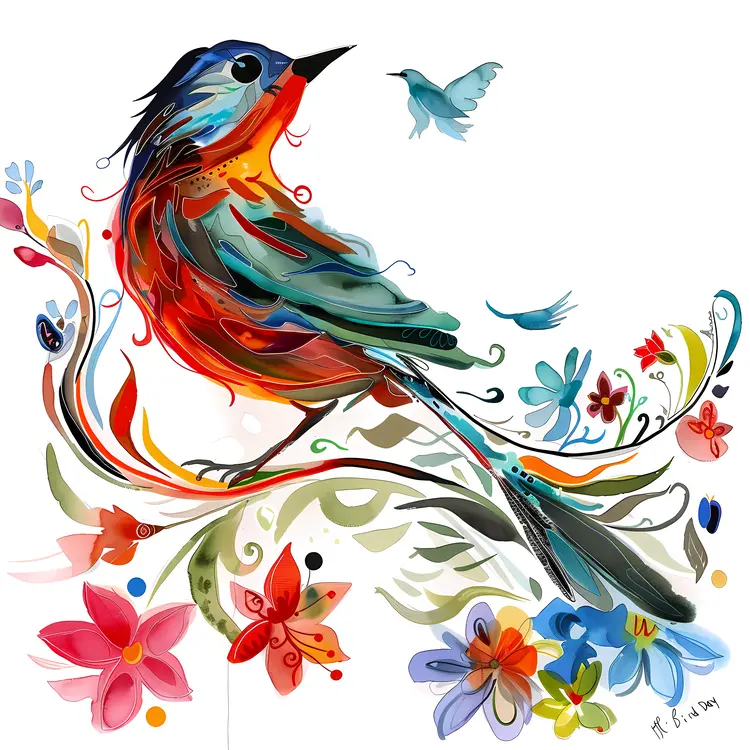 Colorful Artistic Bird with Flowers and Leaves