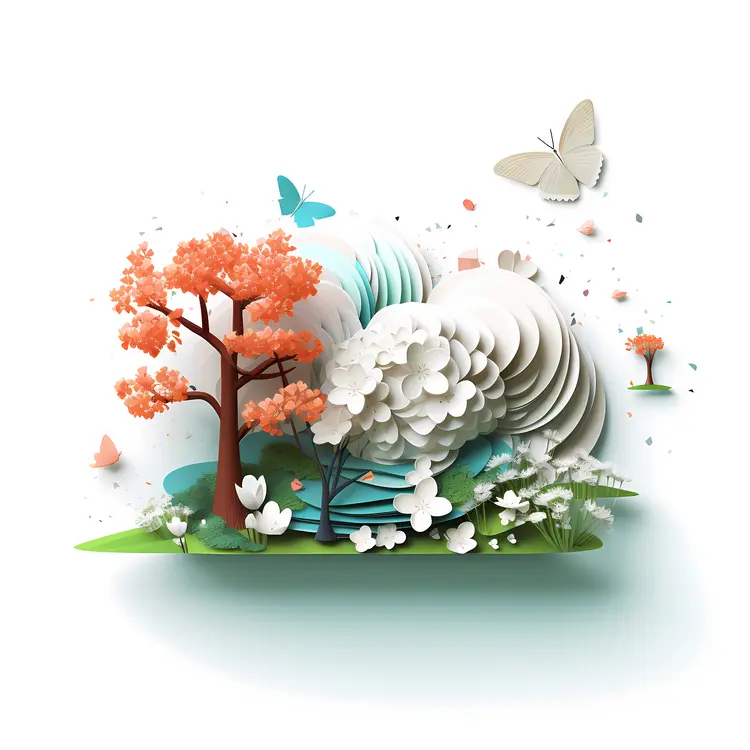 Orange Tree and White Flowers with Butterflies