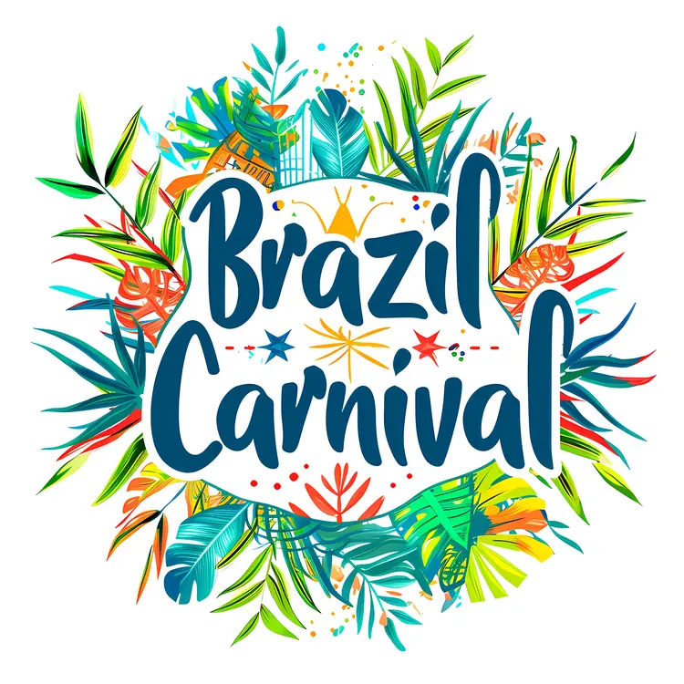 Colorful Brazil Carnival Celebration with Tropical Leaves and Flowers