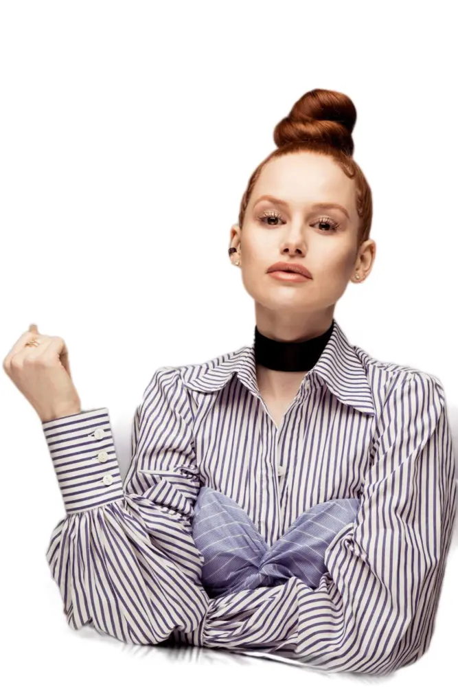 Stylish Woman with Bun in Striped Shirt