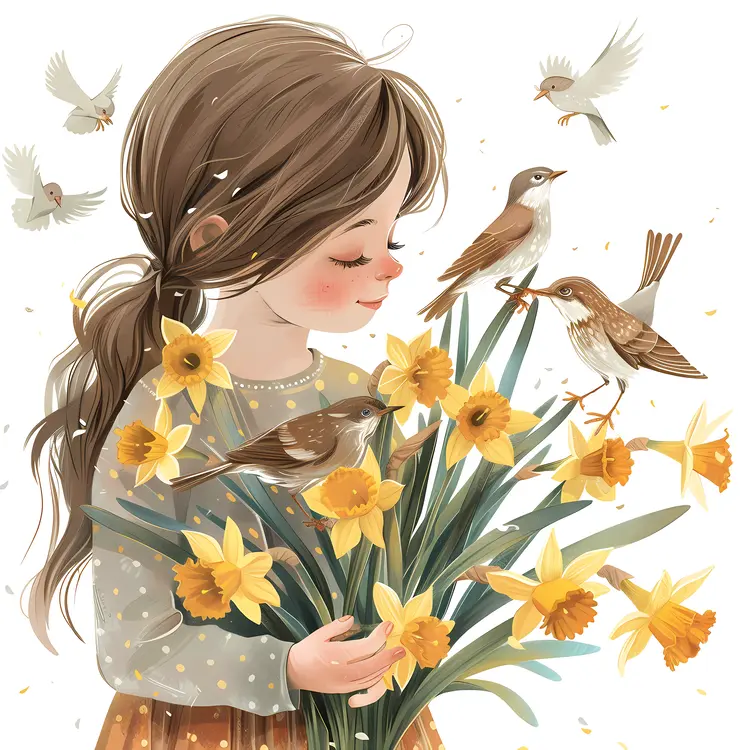 Girl Holding Daffodils with Birds Illustration