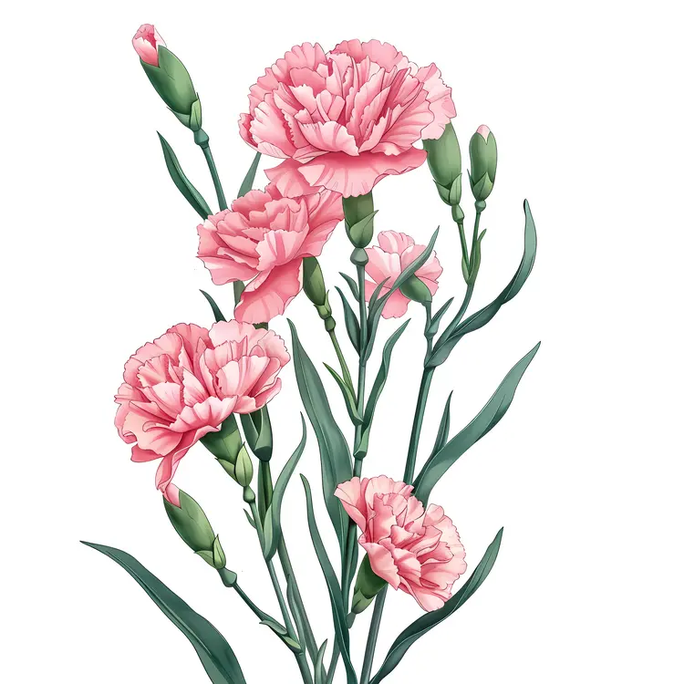 Pink Carnations with Buds and Leaves