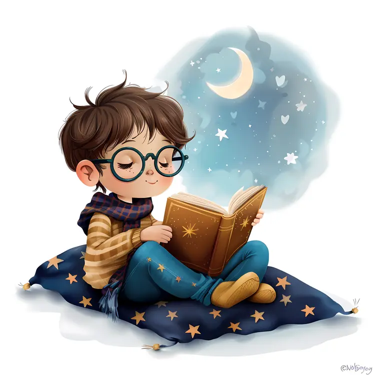 Boy with Glasses Reading a Book at Night