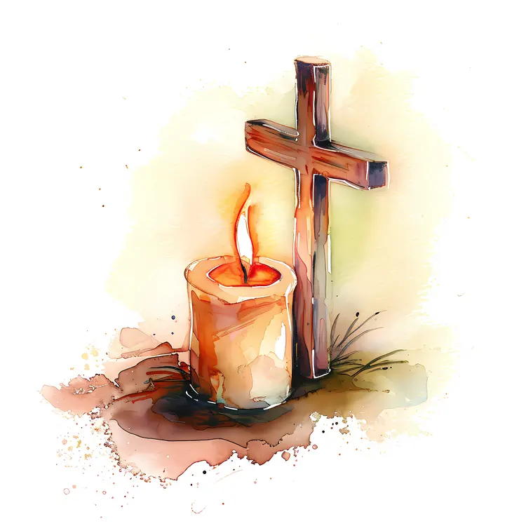 Watercolor Candle and Wooden Cross