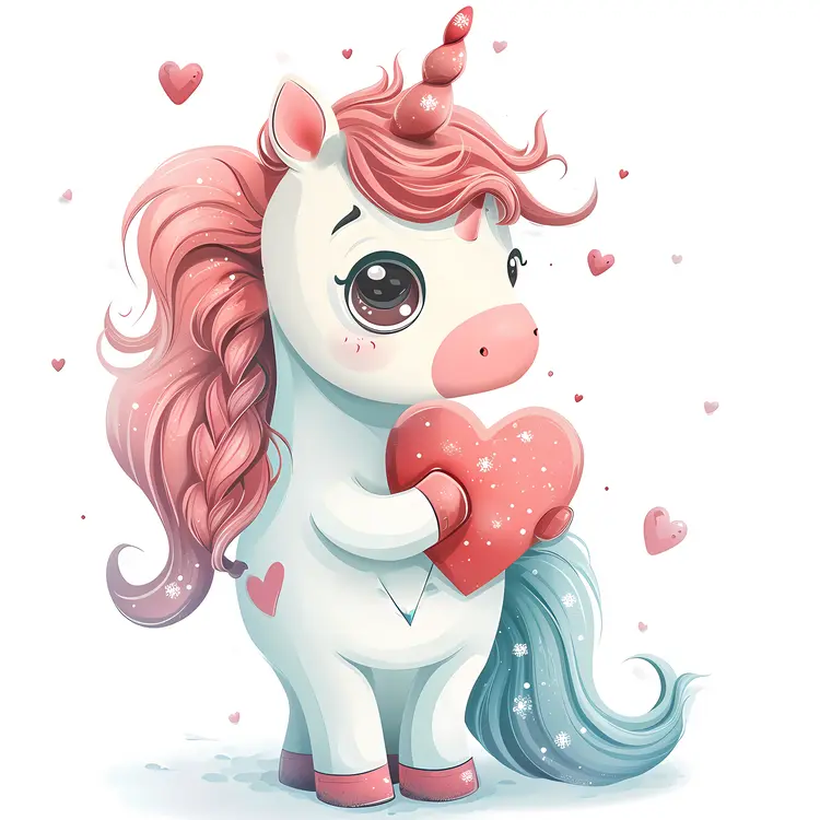Cute Unicorn with Pink Mane Holding Heart